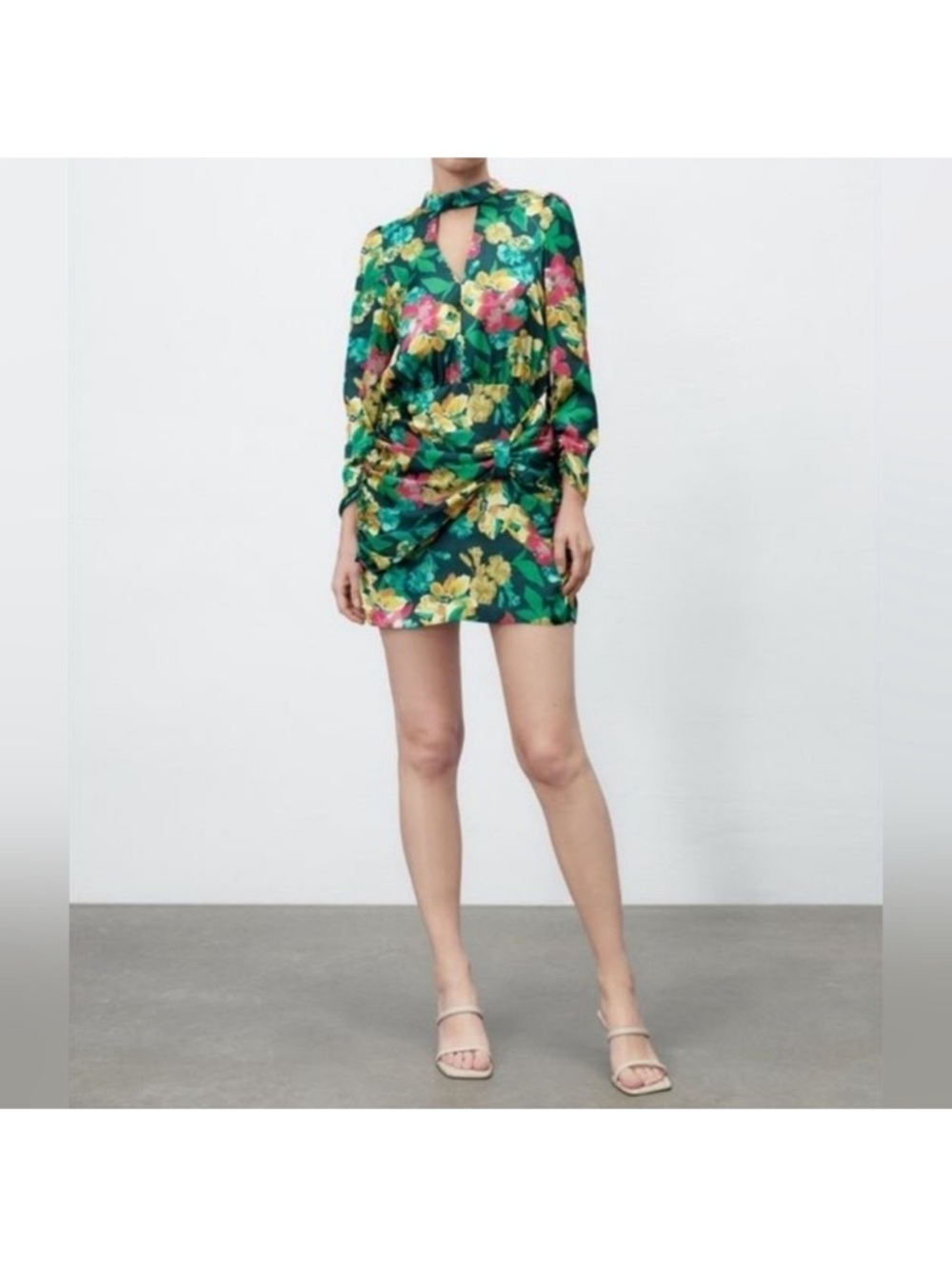 Zara Green Floral Keyhole Ruched Mini Dress